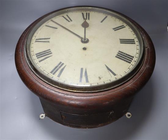 A late Victorian oak cased wall clock, with single fusee movement, with pendulum, dial 28cm